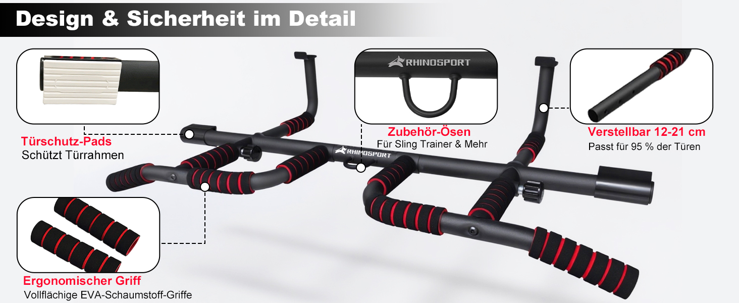 RHINOSPORT Турнік для дверного прорізу – турнік для підтягувань на двері з багатохватним грифом – без свердління, нековзке покриття до 200 кг (440 фунтів) – для дверей 65-92 см