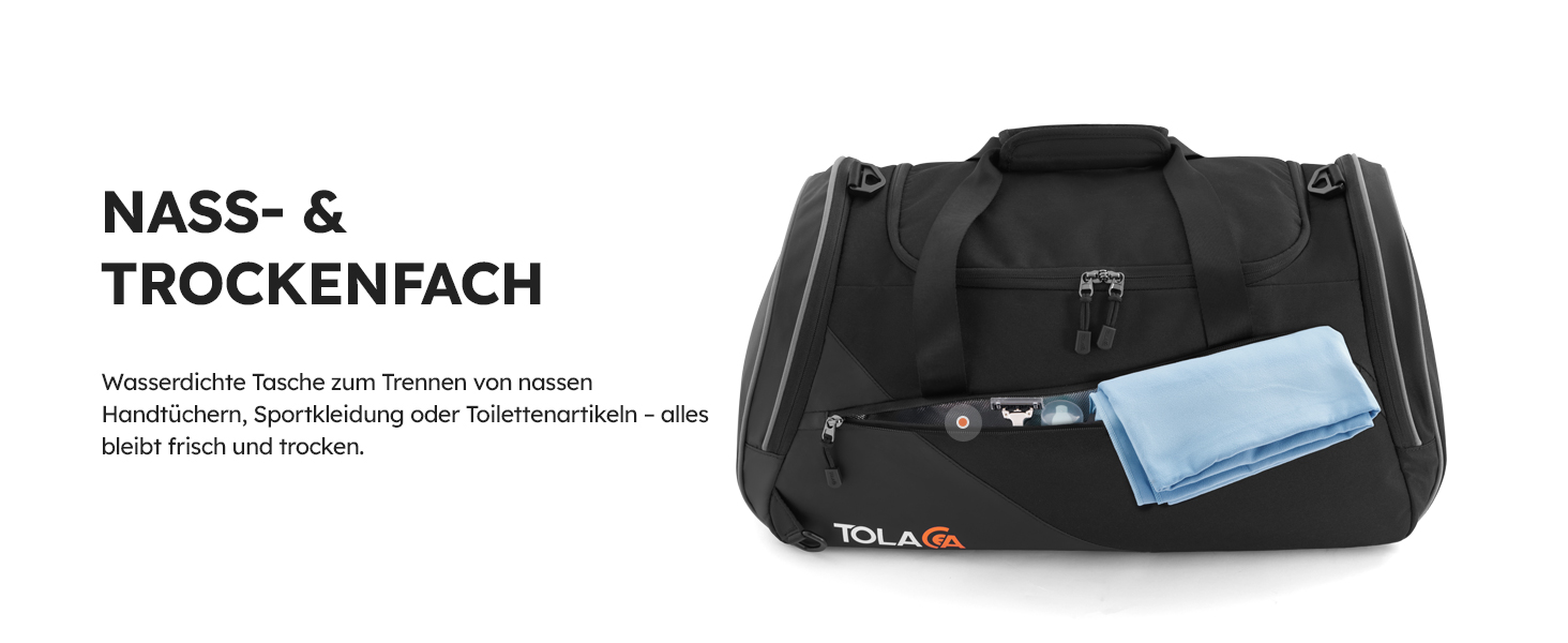 Спортивна сумка Tolaccea з відділенням для взуття та мокрого одягу, 47L, чорна. Ідеальна для фітнесу, тренувань, басейну та подорожей