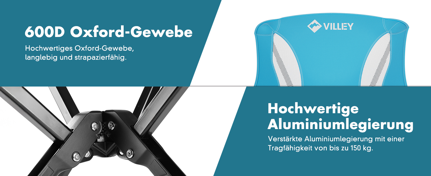 Складний туристичний стілець VILLEY, блакитний, з алюмінієвим каркасом, 150 кг, з сумкою для відпочинку та риболовлі