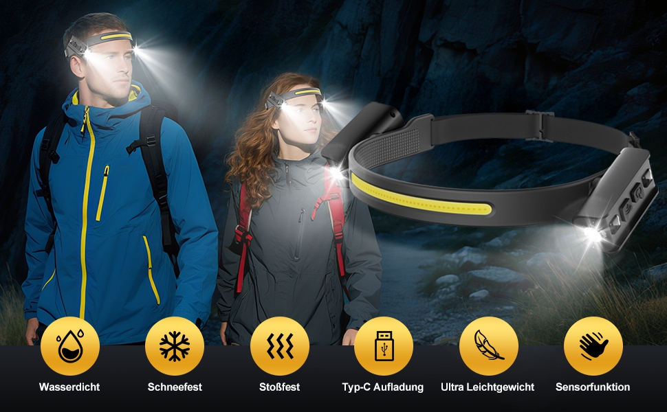 Налобний ліхтар Tekwet LED з акумулятором, 2 шт., 230° світловий потік, датчик руху, 2400 mAh, 6 режимів, для кемпінгу, піших прогулянок, бігу, риболовлі, чорний