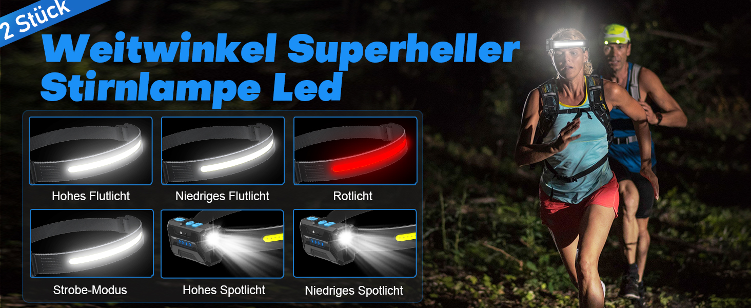 LED налобний ліхтар з акумулятором, 2 шт., кут огляду 230°, 7 режимів, супер яскравий, 2600 mAh, 22 години роботи, датчик, червоне світло, водонепроникний, легкий, для бігу, кемпінгу, походів, чорний