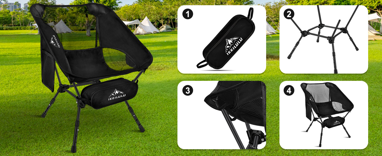 Зручний складаний стул для кемпінгу IEEILULU, 130 кг, чорний. Підходить для пікніків, риболовлі, відпочинку на природі та подорожей.