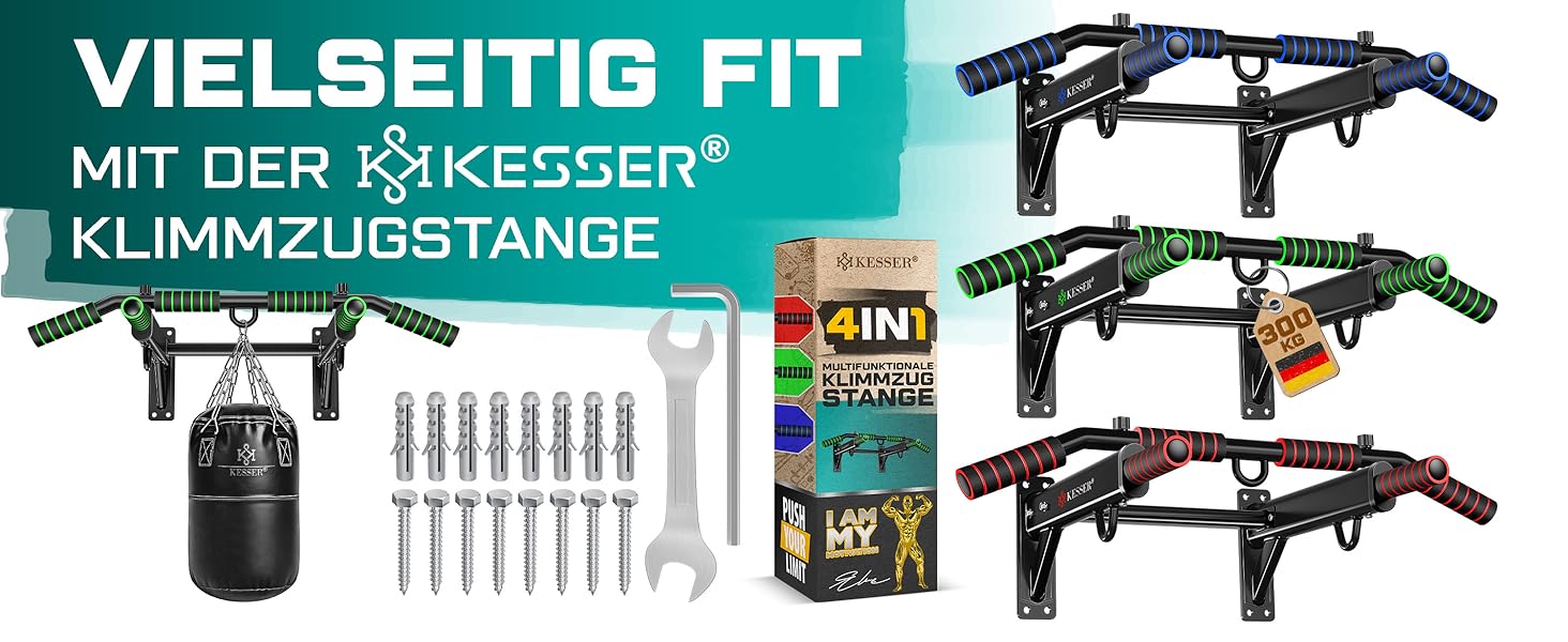 KESSER® Турнік настінний 4-в-1 з ручками, мотузками, кільцями та боксерською грушею. Безпечний та стабільний. Для дому. Зелений