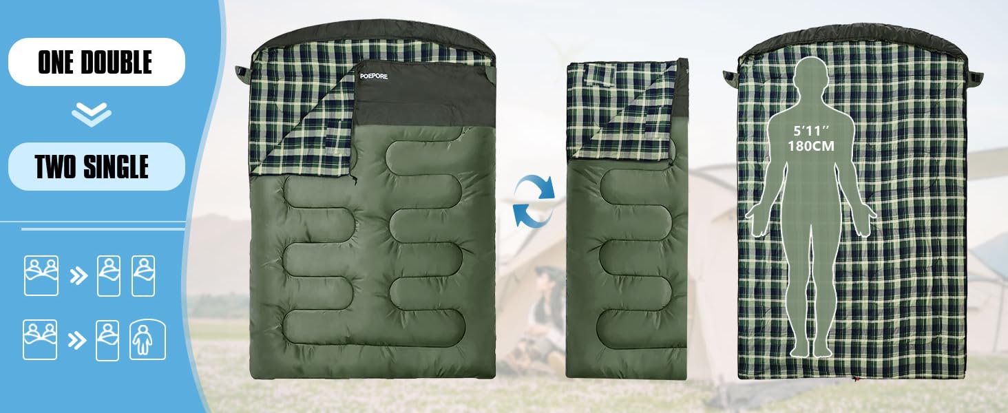 Спальний мішок для двох дорослих з флісу, зимовий, з подушками та сумкою для перенесення, 233*157 см, зелений