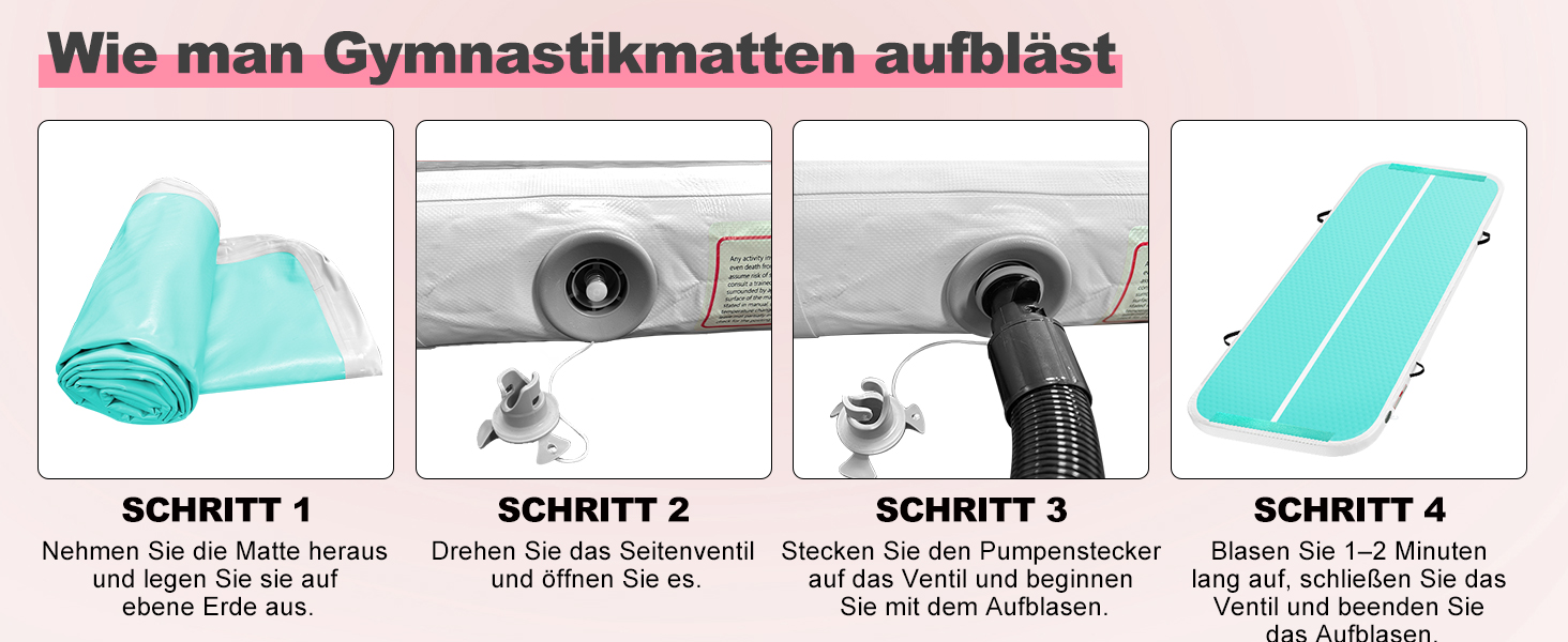Надувний килимок для гімнастики 3м x 1м x 10см з насосом, рожевий - для дому, йоги, танців