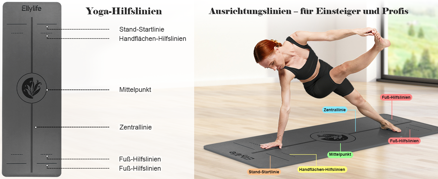 Протиковзкий килимок для йоги, пілатесу та фітнесу з еко-натурального каучуку та TPE, з лініями розмітки та ременем для перенесення, темно-сірий, 4 мм