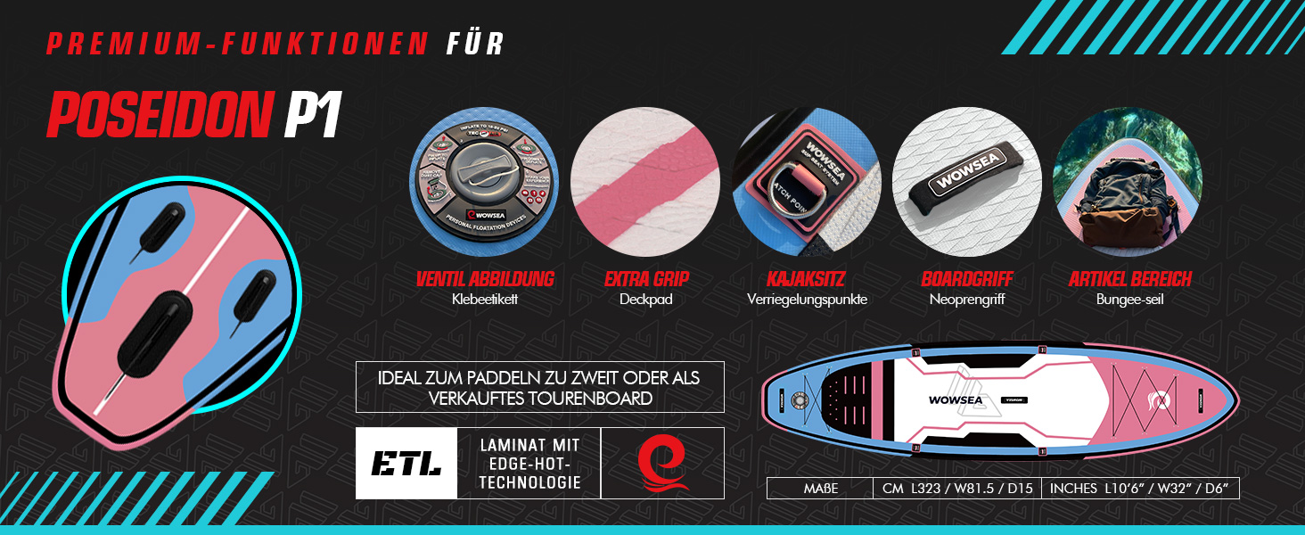 WOWSEA Poseidon P1 Надувне SUP-борд: міцний та стабільний для туризму, подорожей та відпочинку. Комплект iSUP з аксесуарами, підходить для водних занять та релаксу