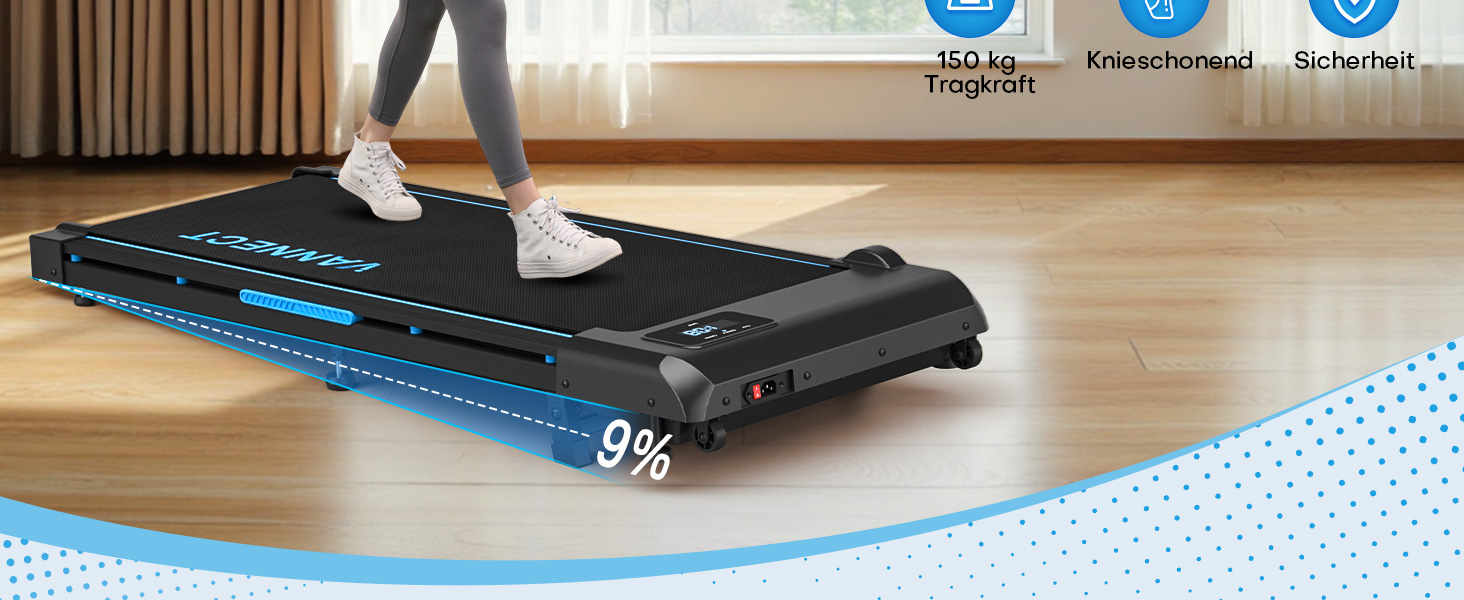 Walking Pad VANNECT: компактний біговий тренажер для дому з регулюванням нахилу, LED-дисплеєм та пультом керування. Максимальне навантаження 150 кг, без монтажу.