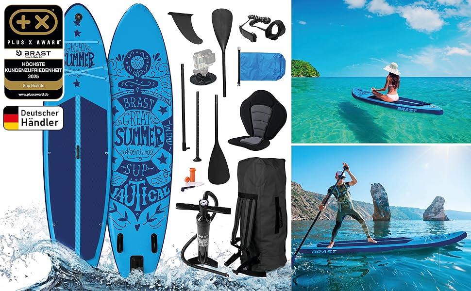 SUP дошка BRAST Summer надувна з набором аксесуарів 320x81x15 см: весло-каяк, тримач для камери, рюкзак, 6 дизайнів, гарантія 5 років