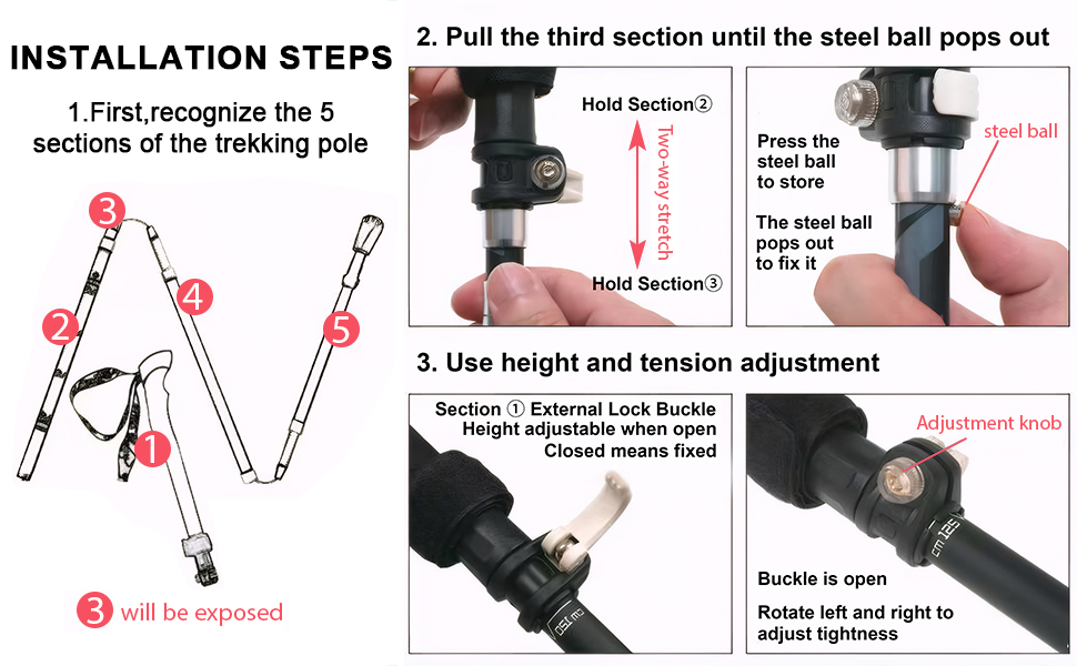 Телескопічна палиця для скандинавської ходьби Qoosea (110-125 см), карбонова складана трекінгова палиця для гікінгу та гірських лиж, синя