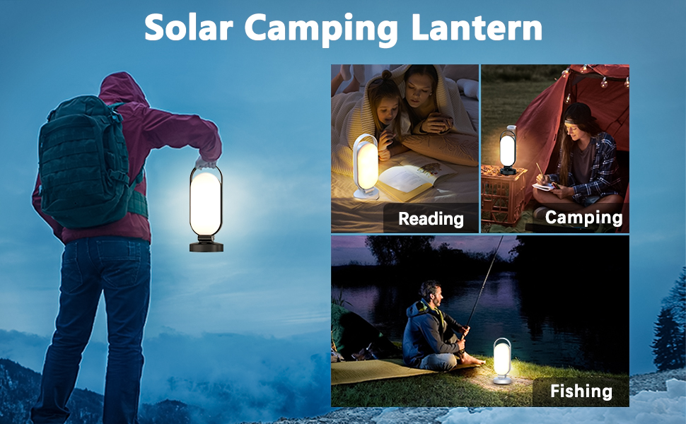 LED кемпінговий ліхтар Hapfish на акумуляторі, 5000mAh, сонячний, вологостійкий, для намету, чорний, білий