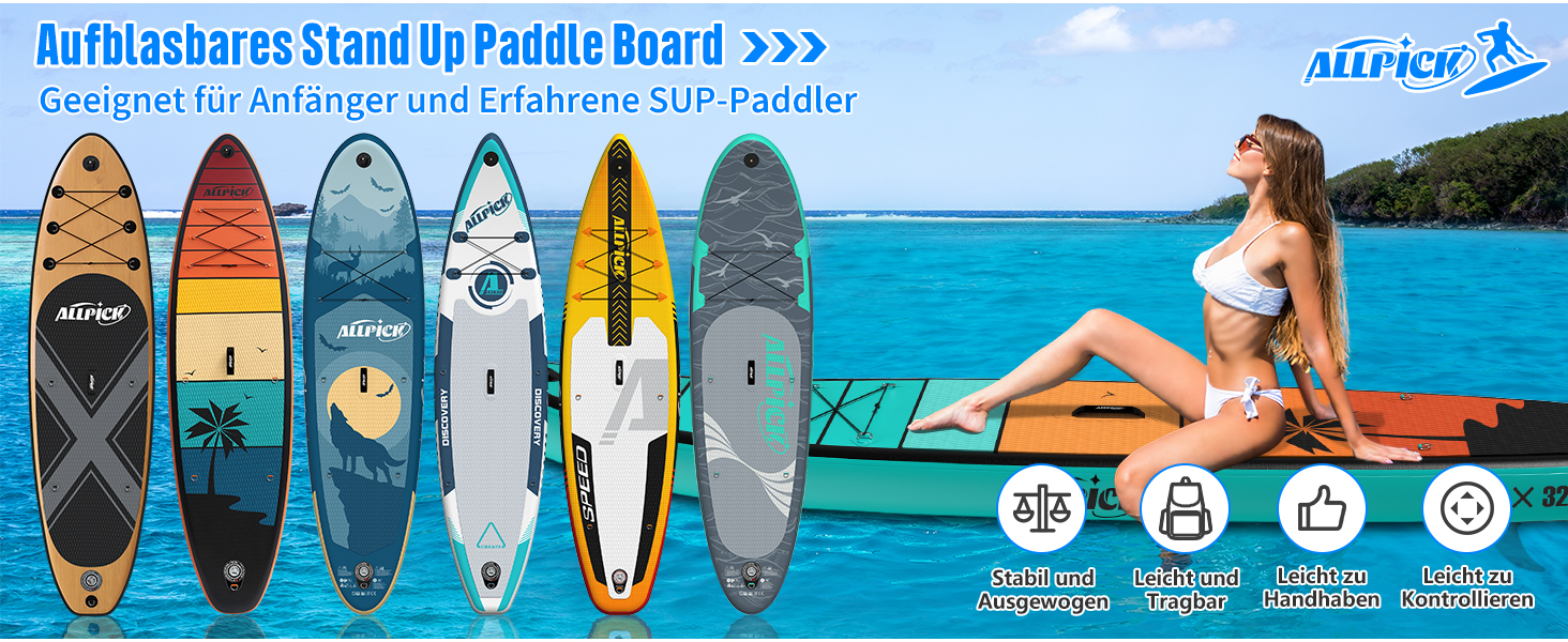 Надувний SUP-борд ALLPICK Premium Set: Комплектація для початківців та досвідчених, з кріпленням для камери, регульовим веслом, 200 кг, для відпочинку на пляжі (зелений)