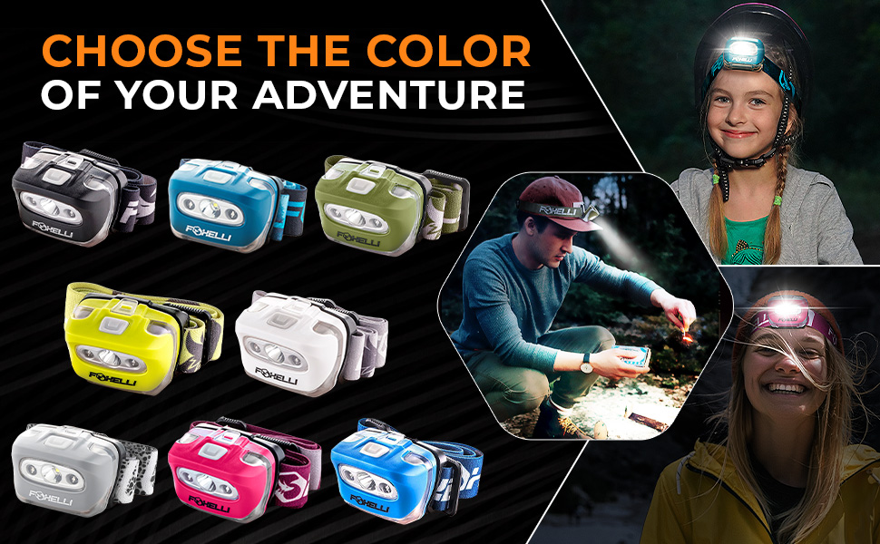 Foxelli LED налобний ліхтар – для дорослих та дітей, біг, кемпінг, піші прогулянки, налобний ліхтар з білим та червоним світлом, легка водонепроникна кофта, зручний наголовник, 3 AAA-батарейки в комплекті (2 шт), чорний