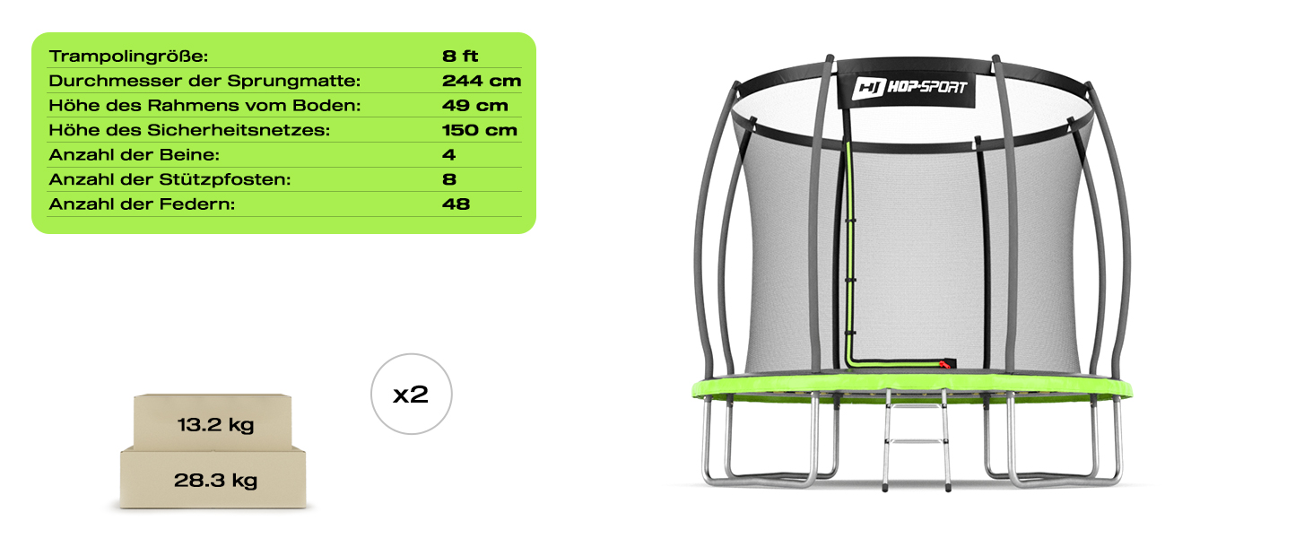 Трамплін Hop-Sport Outdoor – діаметр 244/305/366/427/488 см. Комплект з захисним сіткою, вигнутими ніжками та сертифікатами безпеки. З драбиною та захисним бордюром.