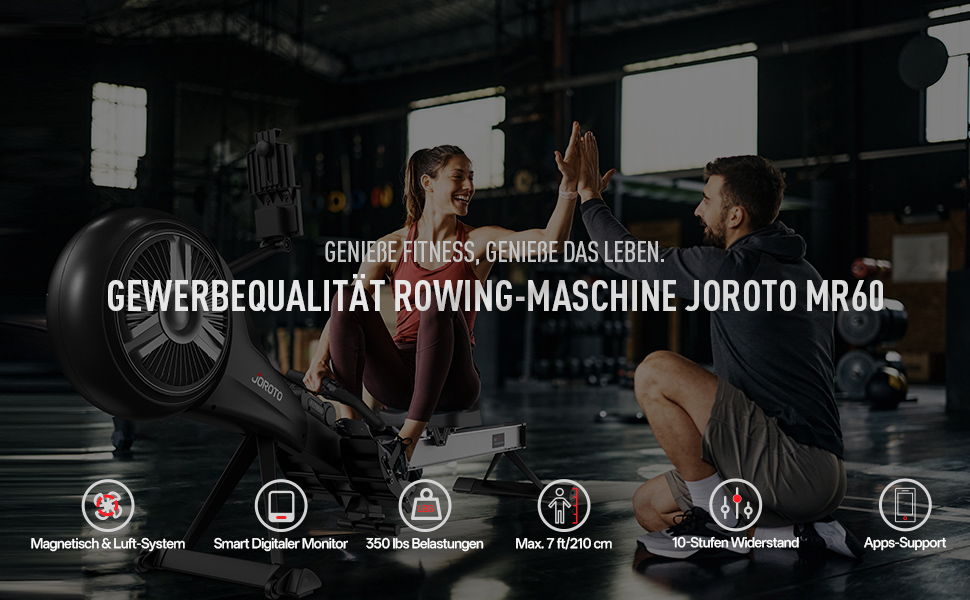 Гребний тренажер JOROTO для дому з подвійним опором (повітряний + магнітний), тихий, складаний, з Bluetooth, максимальне навантаження 150 кг (сірий)
