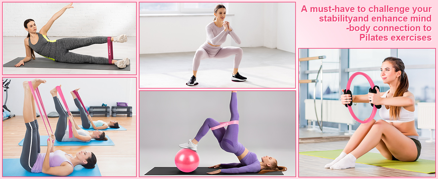 Pilates Ring Set Goocrun: кільце для пілатесу, еспандер, м'яч та слайдери для домашніх тренувань. Рожевий колір.