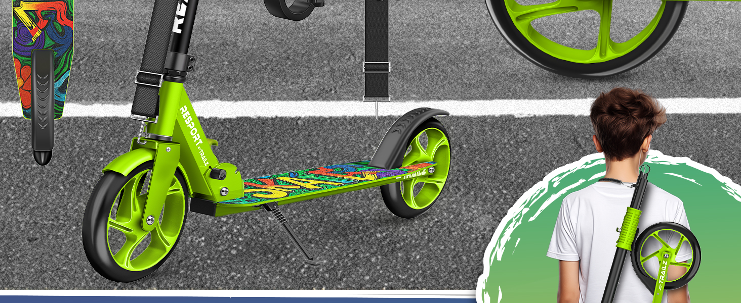 Дитячий та дорослий трюковий самокат Cityroller з дзвінком та ременем | Регульована висота, складаний, до 100 кг | Великі колеса, Kickscooter, турквіс