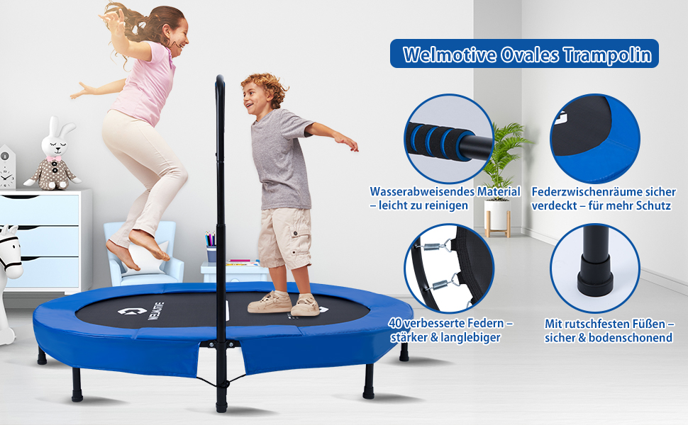 Батут овальний для дому 2 осіб до 150 кг синій з ручкою - фітнес, для дітей та дорослих