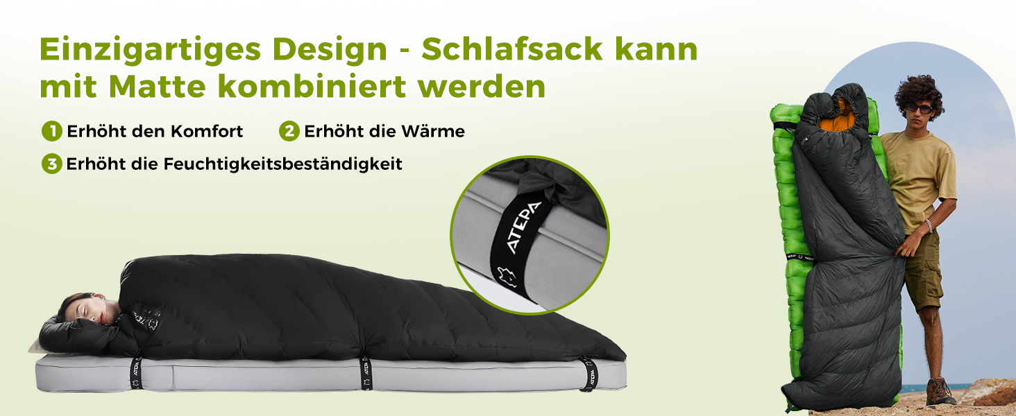 Спальний мішок ATEPA Ultraleicht Daune 650/700FP, 3-сезонний (12°C / 6°C / -1°C), легкий та компактний, водовідштовхувальний, для кемпінгу, походів, трекінгу та рюкзакових подорожей, з компресійним мішком. Комфортна температура 12°C, межа допустимої температури 7°C - Чорний (ThermaPlus Max, комфортна температура 7°C, межа допустимої температури 2°C - Чорний)