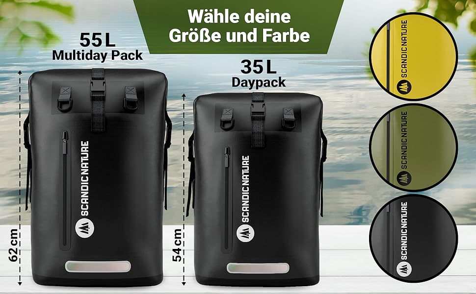 Водонепроникний рюкзак Scandic Nature Pioneer з ролтоп закриттям 35L/55L, чорний, жовтий, оливково-зелений - надміцний завдяки дну з 1000D PVC тканини, водонепроникний чохол для телефону IPX8, 35 літрів