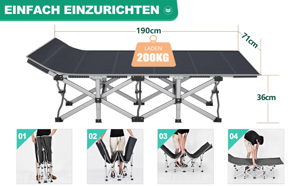 Велике розкладне ліжко з матрацом – 198x81x46 см, 400 кг, сталевий каркас, Oxford-тканина, для дорослих, сад, подорожі (Сірий)