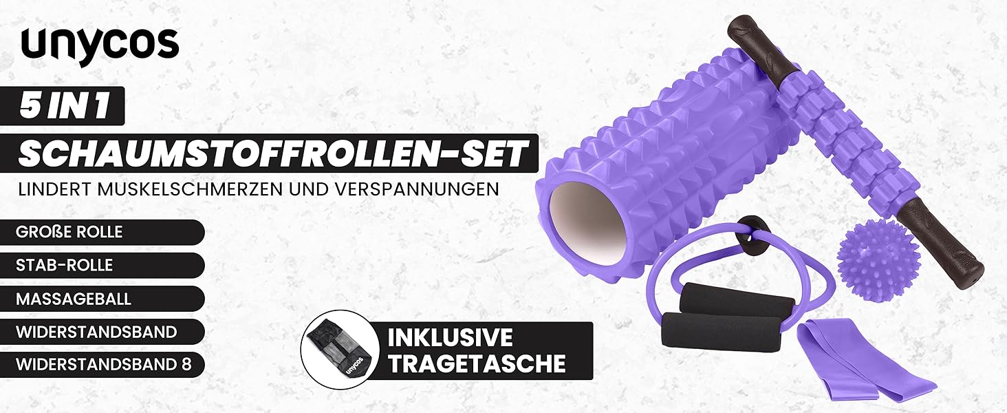 Набір для масажу та реабілітації Unycos: ролер для фасції, фітнес-гумки, масажний м'яч, стік для реабілітації, мотузка для формування, сумка для зберігання (Чорний/Лідний)