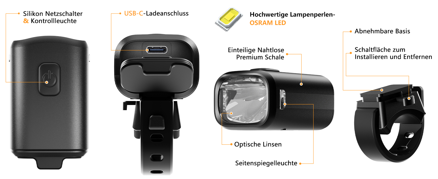 LED фара на велосипед з USB зарядкою, 1000mAh, StVZO, водонепроникна IPX5, для шосе, MTB, Ebike