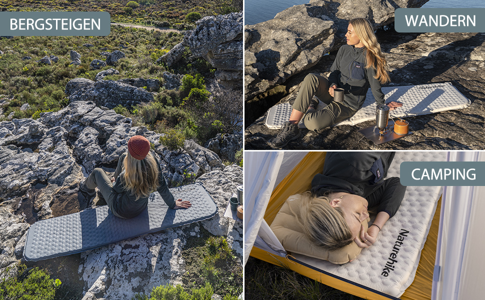 Naturehike Килимок для кемпінгу надувний, самонадувний, 3 см, сірий (Quadrat-blau)