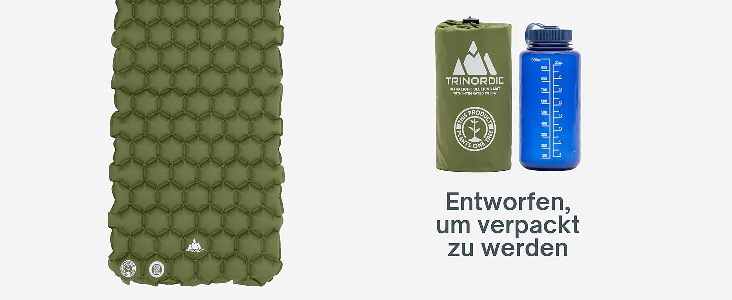 Надувна ізольована килимок TRINORDIC 550g з подушкою - для кемпінгу, трекінгу та бікпакінгу, компактний, Waldgrün