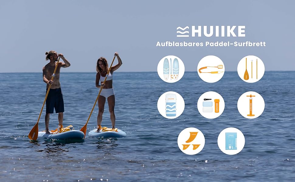 Надувний SUP-борд HUIIKE з аксесуарами: весло, фіни, насос. Стабільний та міцний, 305 x 84 x 15 см, до 130 кг. Колір Enjoyer Blue (Essential)