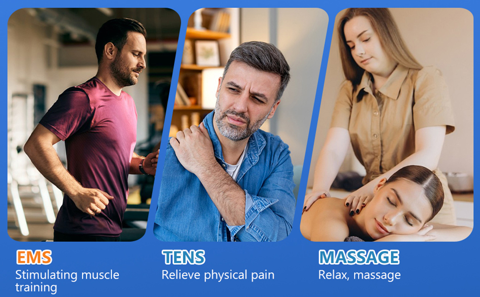EMS TENS пристрій для терапії болю, 3-в-1 масажер, апарат електростимуляції для зняття болю. 24 програми масажу, 2 канали, 8 електродів