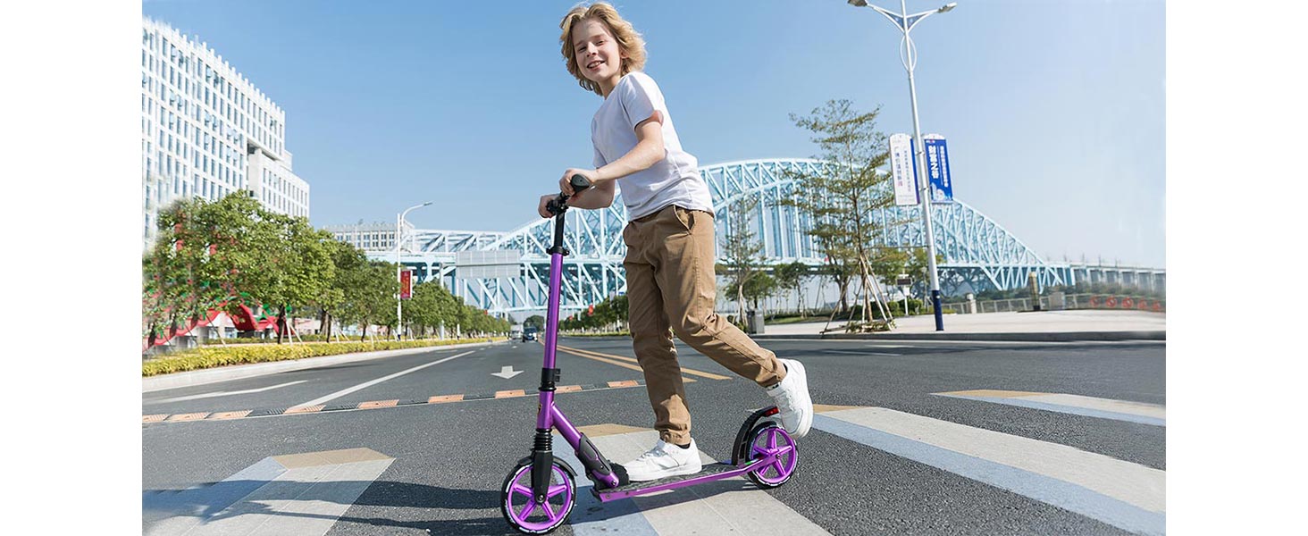 Скутер Lamborghini Tretroller Cityroller з великим колесом, складний, регульована висота, для дорослих та дітей, з підставкою, передньою амортизацією та гальмом на задньому колесі, до 100 кг (фіолетовий)