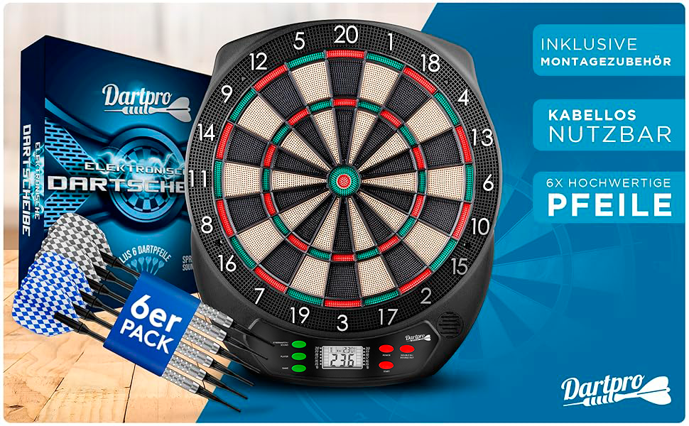 Електронний дартс DartPro DAS ORIGINAL - Професійна кидкова мішень з 6 дротиками, бездротова, 65 варіантів ігор, Double IN/Double OUT