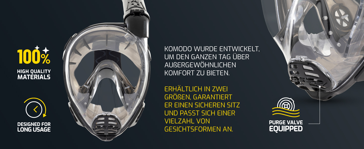 Маска для снорклінгу CRESSI Komodo – повна маска Dry з широким оглядом 180° та боковим загубником. Без запотівання, регульовані ремінці M/L, чорний колір.