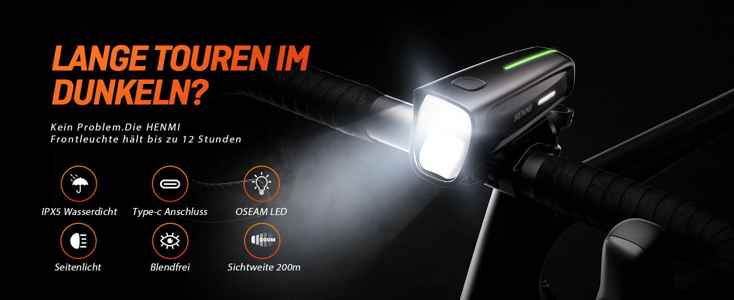 LED фара для велосипеда Henmi, StVZO сертифікована, USB зарядка, 2 режими освітлення, IPX5 водонепроникність, 100 люкс