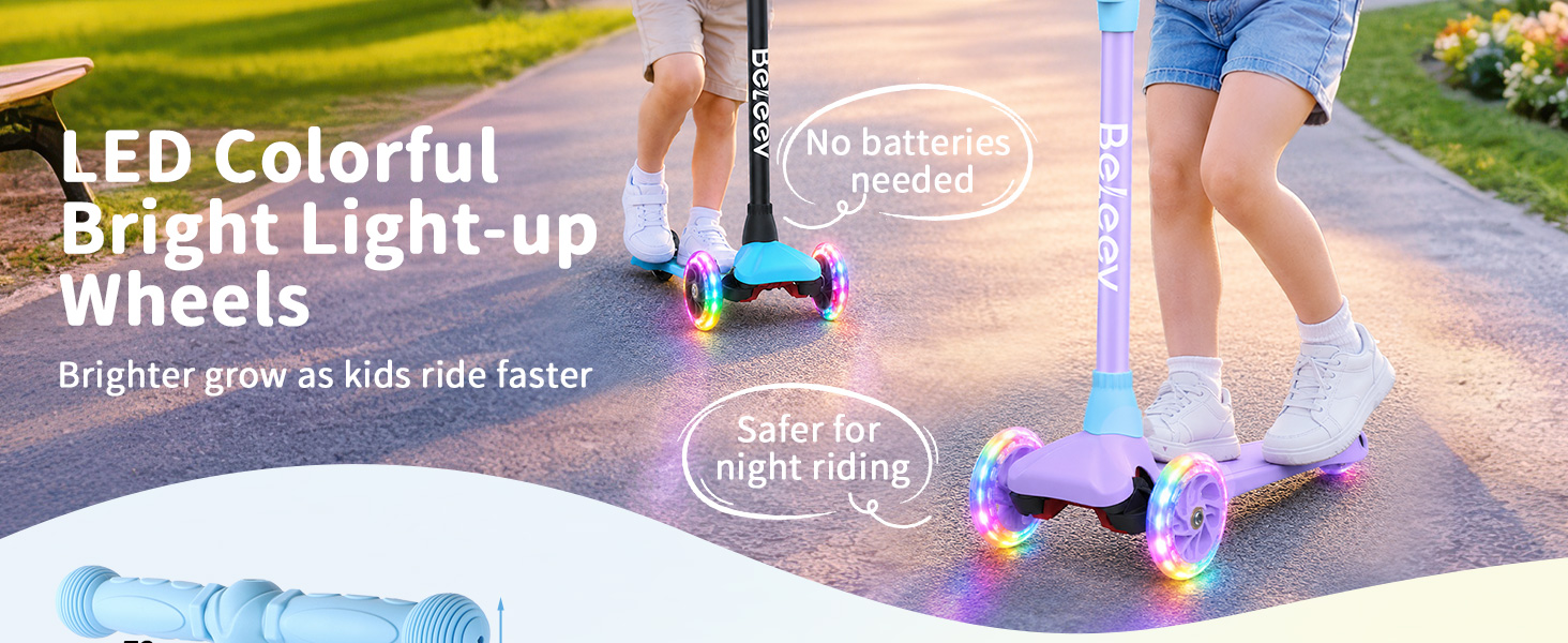 Дитячий самокат BELEEV з LED-підсвіткою коліс для дітей від 2 до 6 років, 3-колісний, регульована висота, Lean-to-Steer, до 50 кг, синьо-фіолетовий