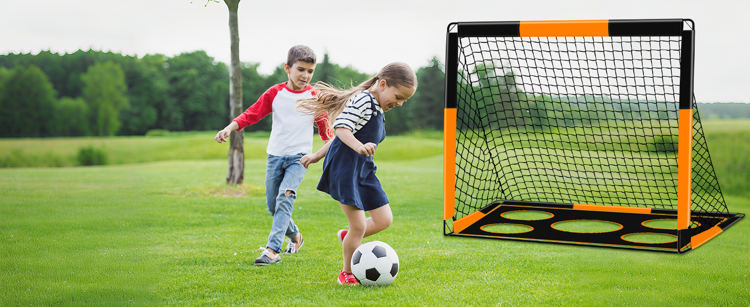 Дитячі воріта для футболу 2-в-1, 150х120 см, портативні та стабільні, з 5 зонами для забивання, 4 кілочки для кріплення та сумка для перенесення, для саду, парку, пляжу, оранжеві