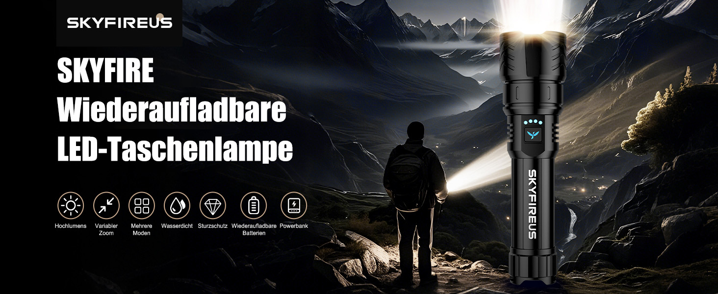 Ліхтарик LED SKYFIRE 5000 люмен, акумуляторний, з функцією Power Bank та кресалом для кемпінгу та надзвичайних ситуацій