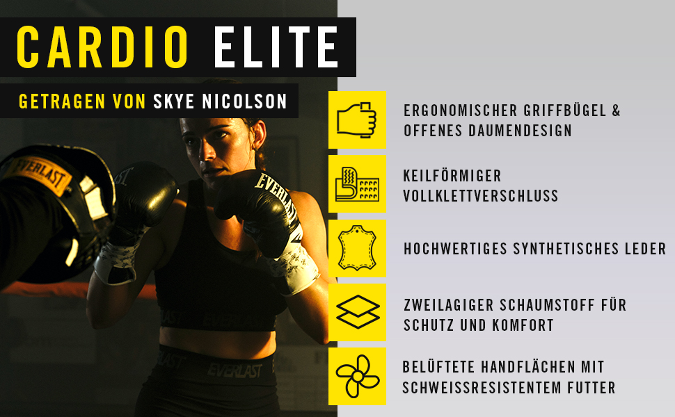Боксерські рукавички Everlast Cardio Elite Gold/Black, для тренувань, мішка, лап, швидкості, відкритий великий палець, відкритий великий палець, подвійне шарування піною, ергономічне захоплення - Оригінальні Everlast BLACK/GOLD S/M