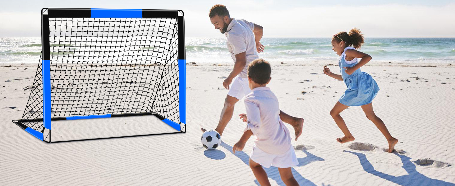 Дитячі ворота для футболу 2-в-1, 150 x 120 см, переносні та стабільні, з 5 цілями, 4 земляні кілочки та сумка, для саду, парку, пляжу (блакитні)