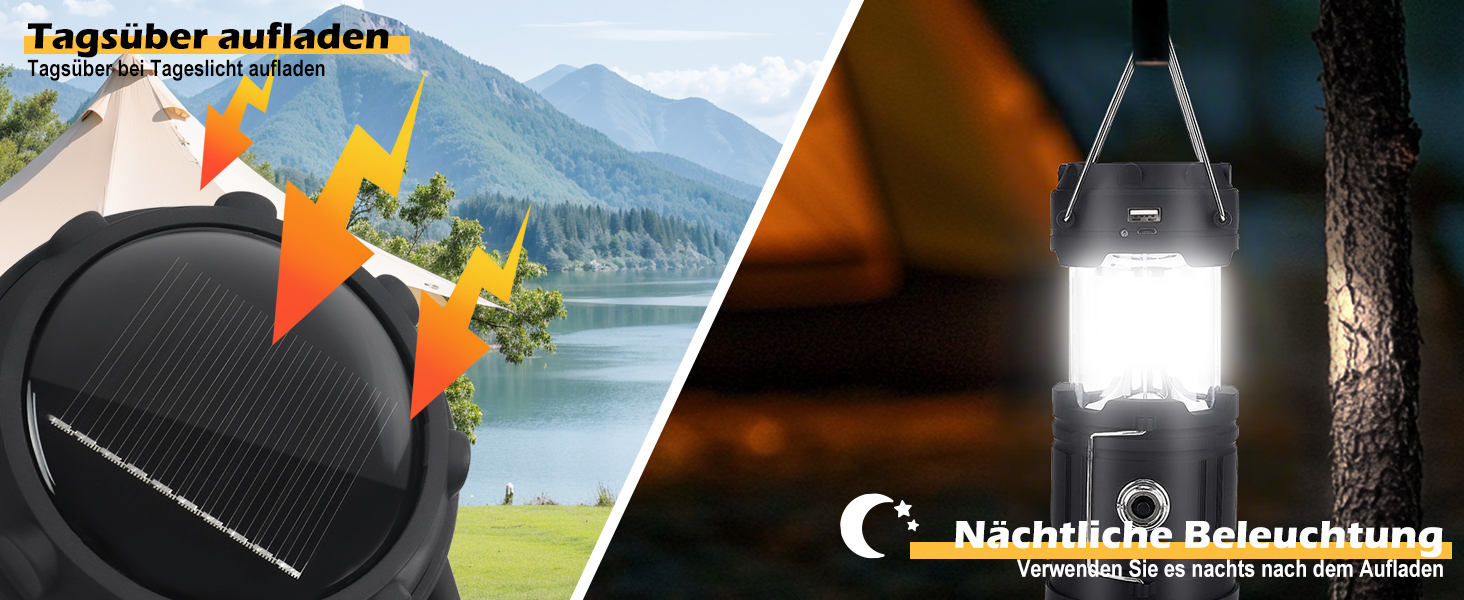 Сонячна кемпінгова лампа EXTRASTAR: LED ліхтар 5W, 2-в-1 (ліхтар + ліхтар для намету), USB/Сонячна/Акумуляторна, водонепроникна, для відпочинку на природі, риболовлі, кемпінгу та походів