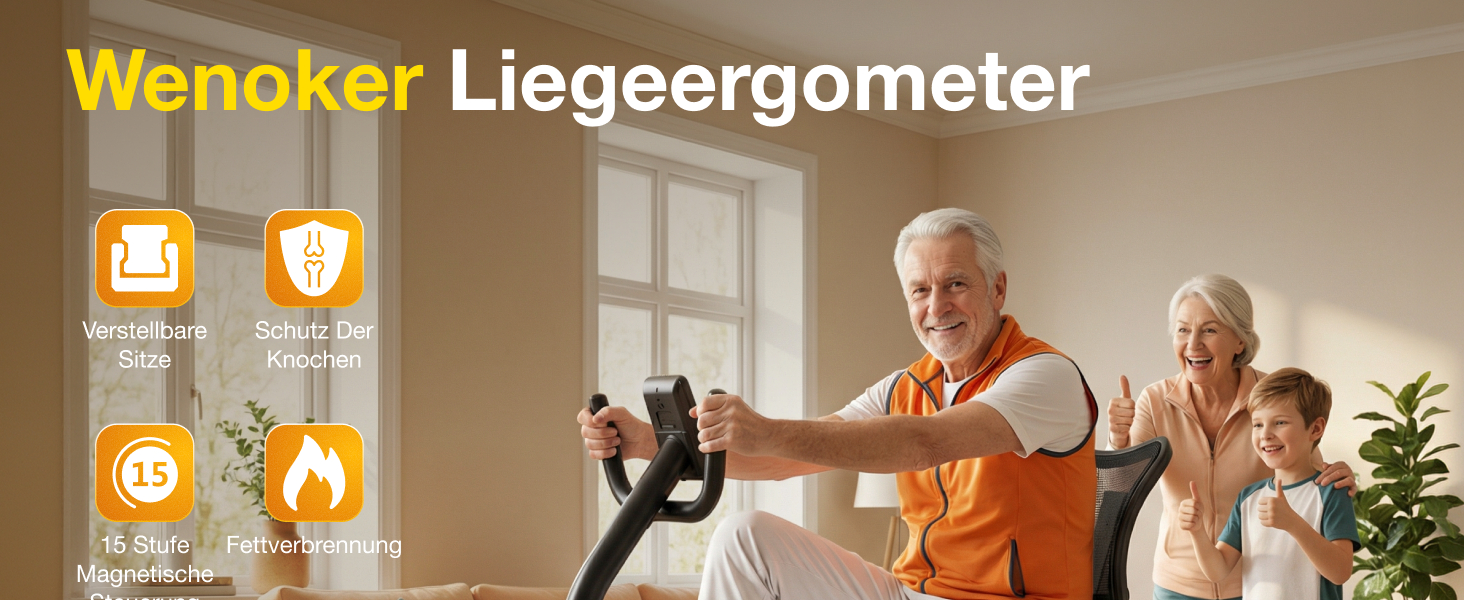 Ергометр для дому з магнітною гальмом, датчиками пульсу та LCD-дисплеєм, 15 рівнів опору, з підніжкою для спини, для людей похилого віку. Міцна конструкція, декілька налаштувань, колір горіх.