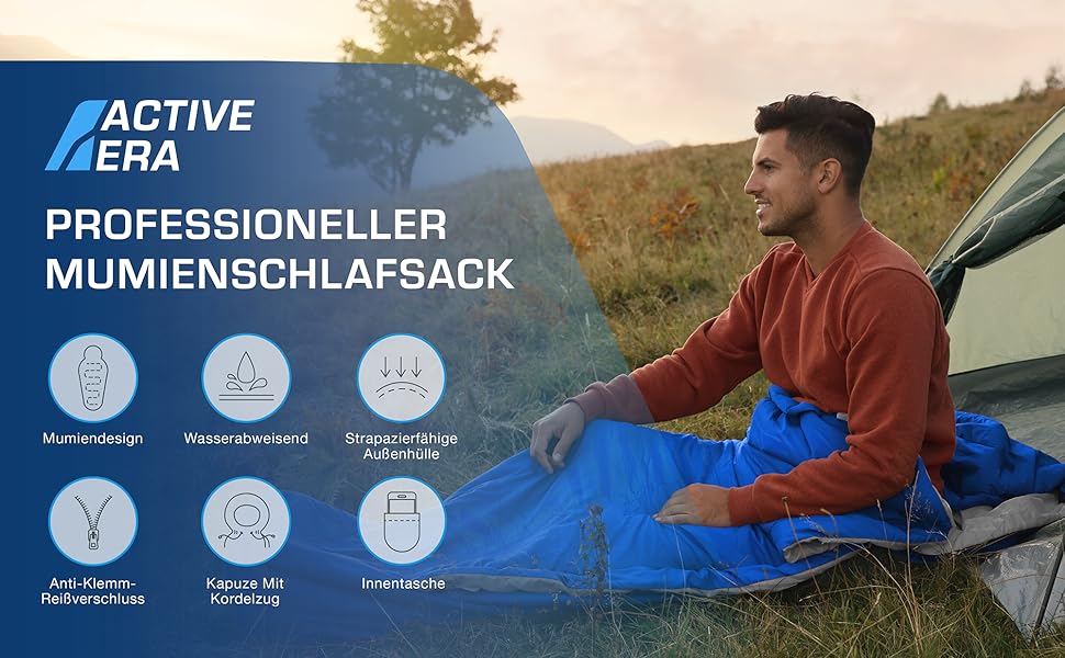 Сплячий мішок Active Era Mumienschlafsack: зимовий, літній, водонепроникний, легкий, температурний режим -10°C до 10°C, для кемпінгу та відпочинку на природі (Блакитний)