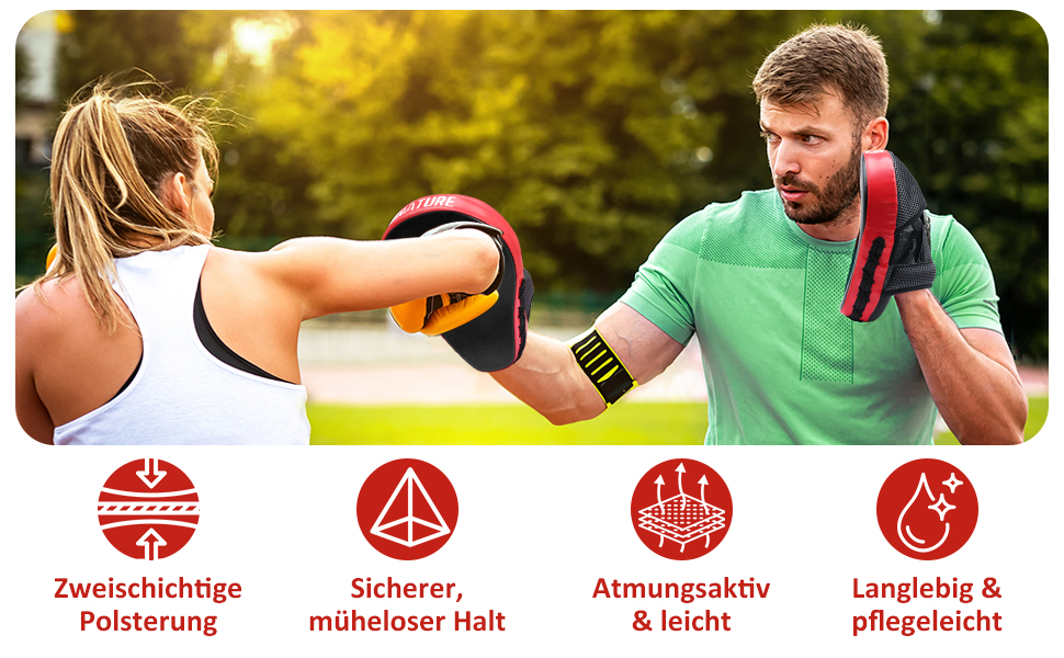 Боксерські лапи для тренувань Pratzen — пара ударних подушок для кікбоксингу та боксу з амортизацією, червоні (для чоловіків та жінок)