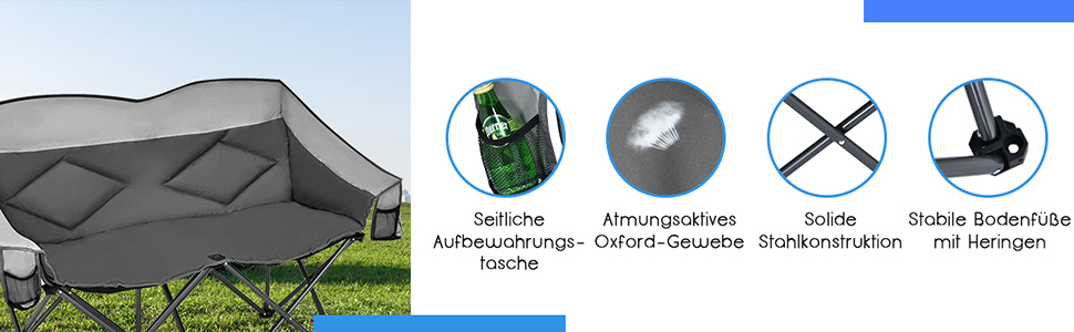 Кемпінговий стілець COSTWAY на 2 особи, розкладний з підлокітниками та підстаканником, вантажопідйомність 226 кг, для риболовлі та відпочинку