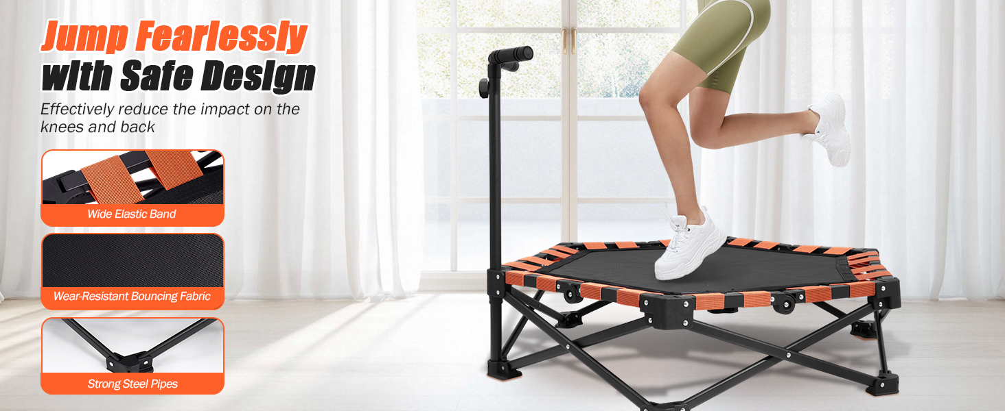 Складаний батут для дому, 130 кг, чорний | Фітнес-батут для дітей та дорослих з регульованою ручкою