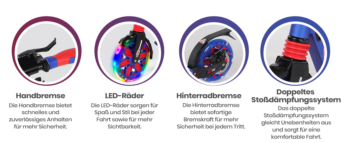 Самокат трюковий Kickscooter LED-синій, для дітей 8-12 років та дорослих, колеса 200 мм, дискові гальма, складаний, з ременем та подвійною амортизацією