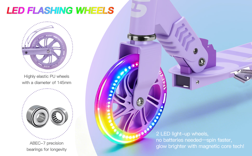 Самокат дитячий SUOTU з колесами 145 мм, до 100 кг, світлодіоди, складаний, регульована висота, для хлопчиків та дівчаток, алюмінієвий (Фіолетовий)