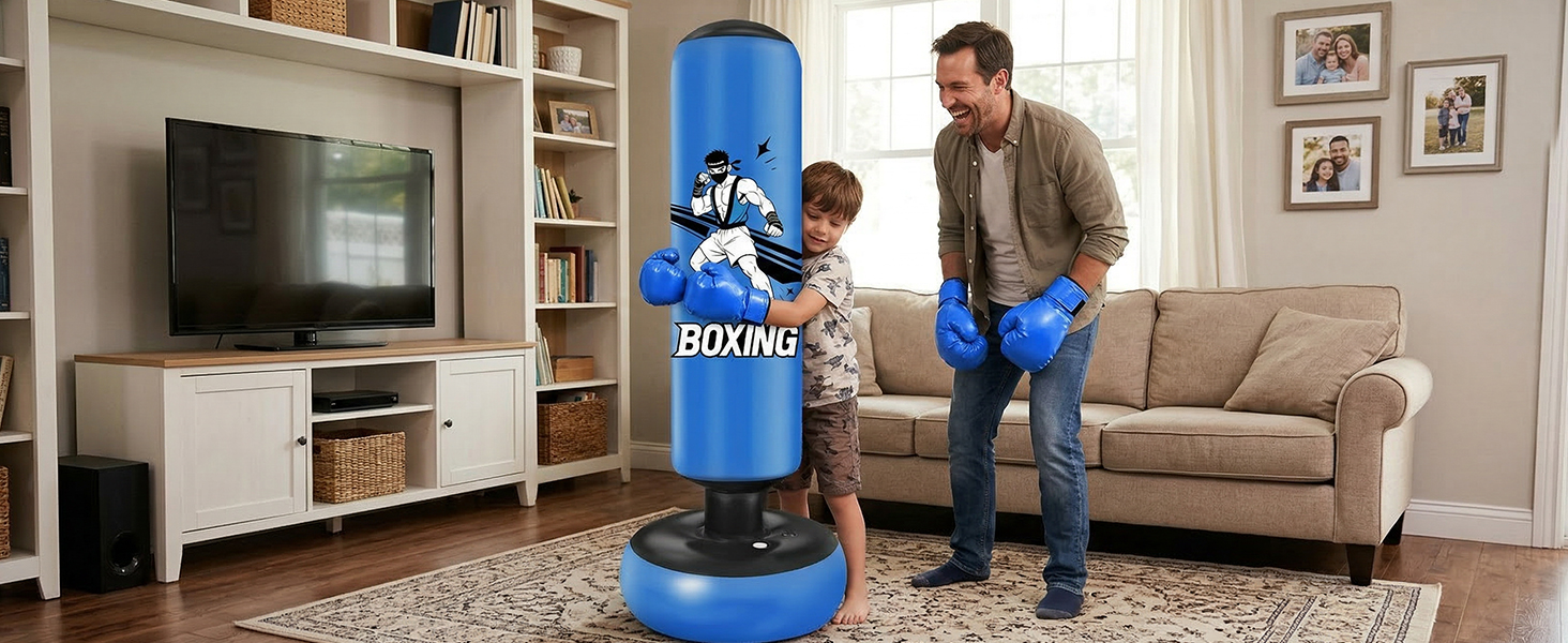 Боксерський мішок надувний для дітей 168 см з рукавичками та насосом, блакитний, з мотивом бійця, для дому, 5-12 років, для Karate та Taekwondo