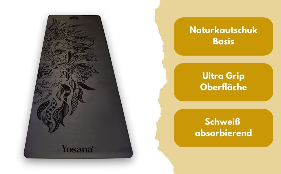 Килимок для йоги Yosana з натурального каучуку надзвичайно не ковзає Поверхня ULTRA GRIP з ECO PU дуже широка 68см включаючи ремінь для перенесення Килимок для йоги 183х68см Товщина 4 мм. Чорний лев з ремінцем для перенесення